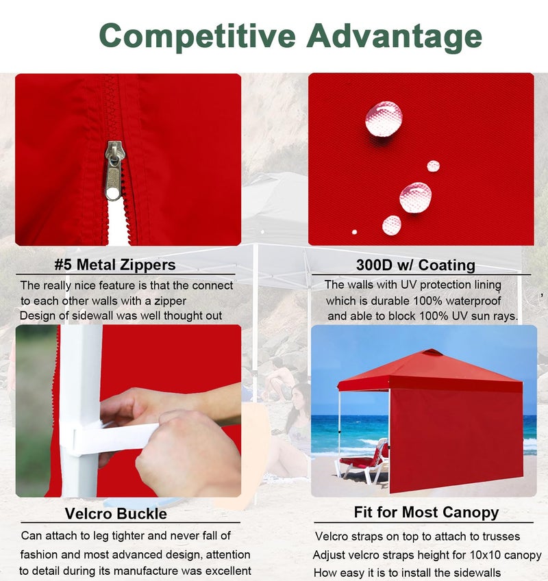 JANCANOPY SideWalls for 10x10 Pop up Canopy Frame, 3 Pack Red SunWall and 1Pack Door Only, Red (with Zippers) - Image 4